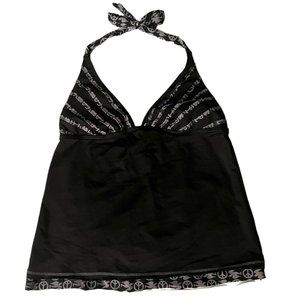 Lucky Brand Swim Top Black/Charcoal Dove and Peace Sign Halter Size M
